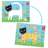 A colorful illustration of a dot-patterned cat surrounded by flowers, butterflies, and art supplies for a children's drawing activity.