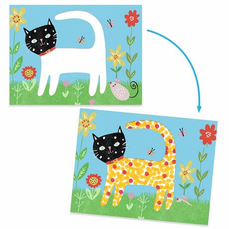 A colorful illustration of a dot-patterned cat surrounded by flowers, butterflies, and art supplies for a children's drawing activity.