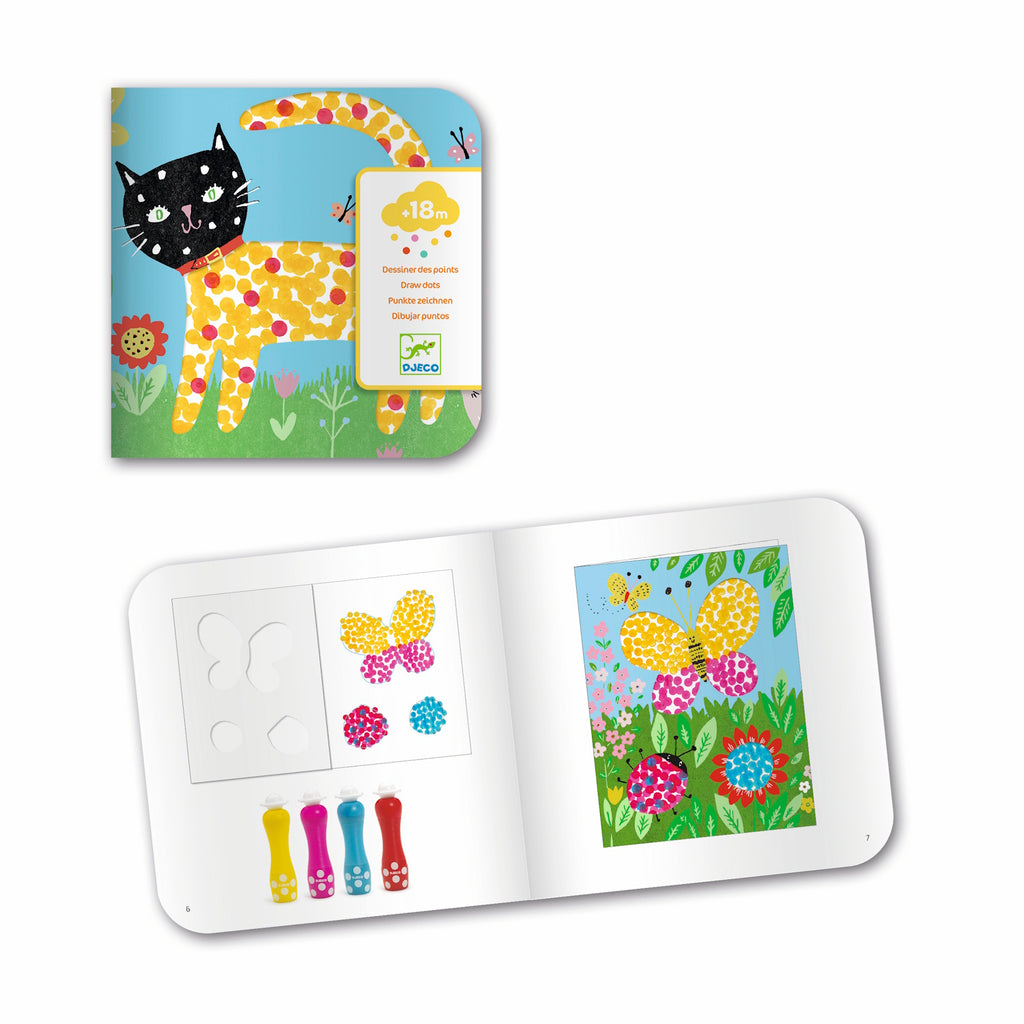A colorful illustration of a dot-patterned cat surrounded by flowers, butterflies, and art supplies for a children's drawing activity.