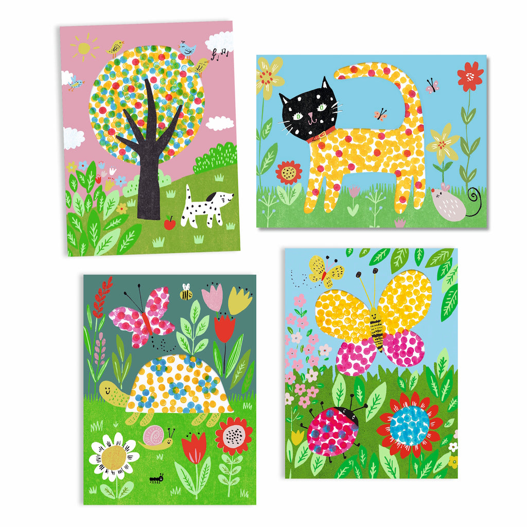 A colorful illustration of a dot-patterned cat surrounded by flowers, butterflies, and art supplies for a children's drawing activity.