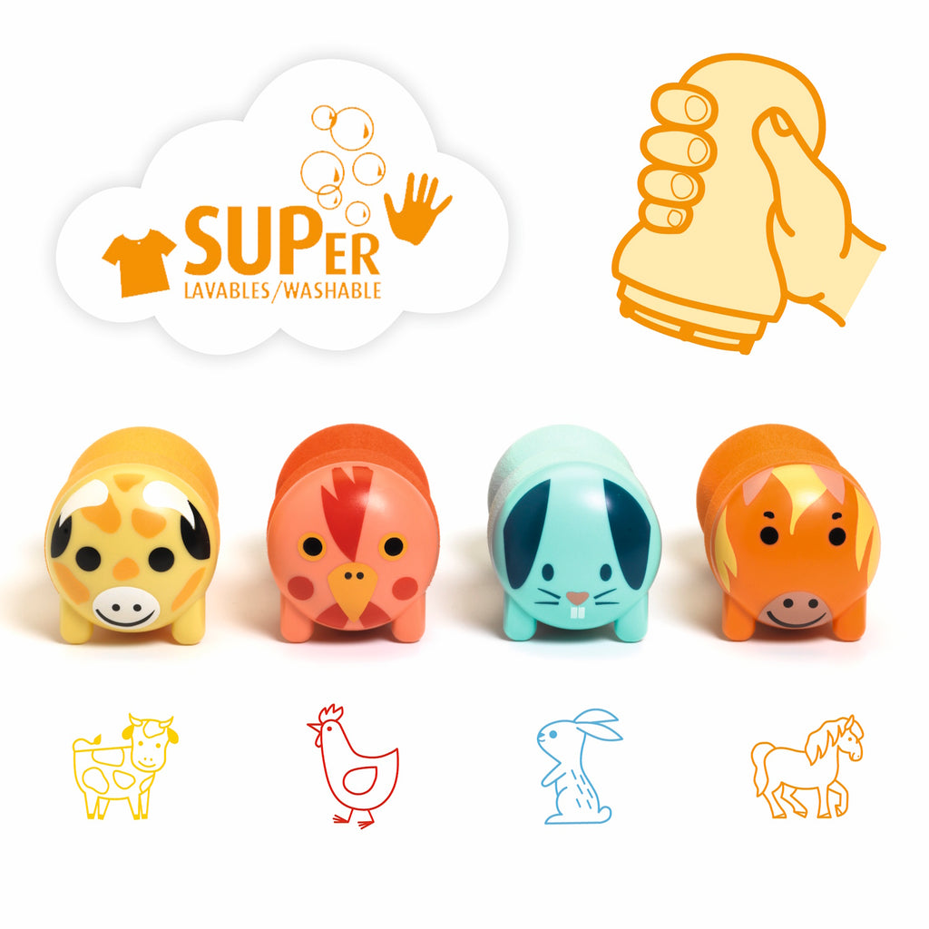 A set featuring chunky, easy-grip stamps with cute farm animal designs, perfect for toddlers' first creative play.