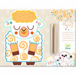 Cute illustration of a sheep with closed eyes and a colorful wool pattern, holding a pencil. Background features floral designs and the Djeco logo.