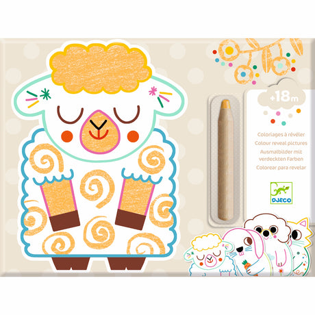 Cute illustration of a sheep with closed eyes and a colorful wool pattern, holding a pencil. Background features floral designs and the Djeco logo.