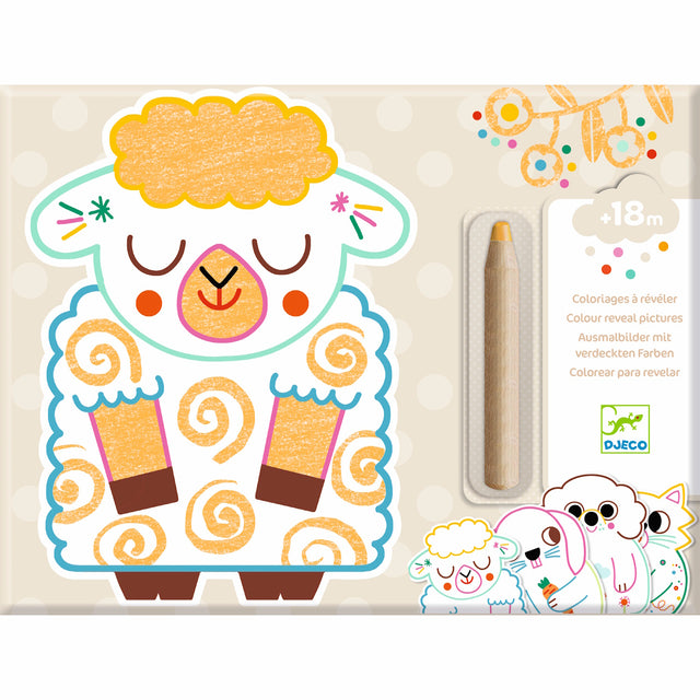 Cute illustration of a sheep with closed eyes and a colorful wool pattern, holding a pencil. Background features floral designs and the Djeco logo.