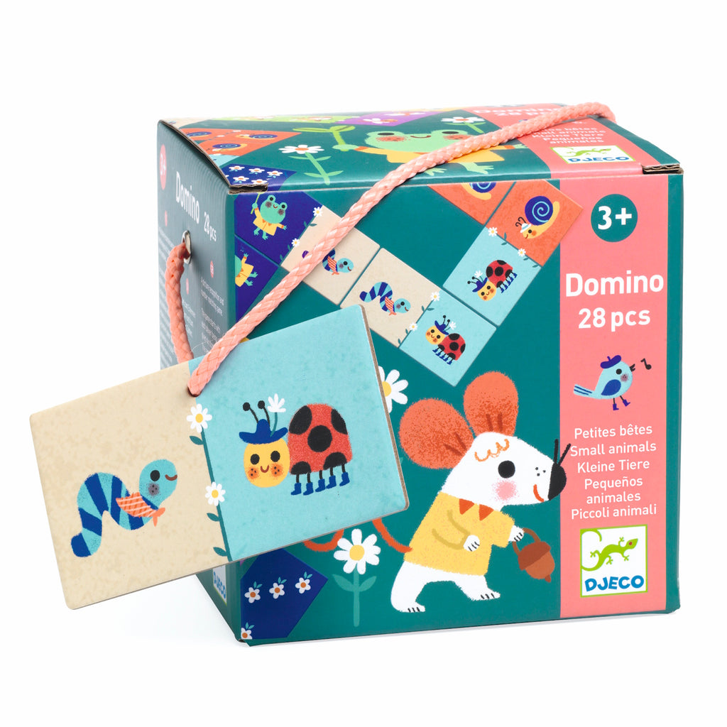Colorful toy box with cute animal illustrations, including a mouse, ladybug, and caterpillar, labeled "Domino 28 pcs" for ages 3+. Playful and fun design.