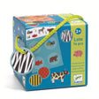 Colorful animal-themed toy box featuring images of animals like bees, bears, and zebras. It includes 16 pieces and is labeled for ages 2+. Cheerful design.