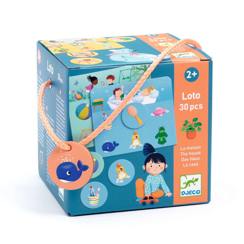 Children's game box for ages 2+, with illustrations of kids, bubbles, toys, and animals. Bright, playful design with 30 pieces, labeled "Loto."