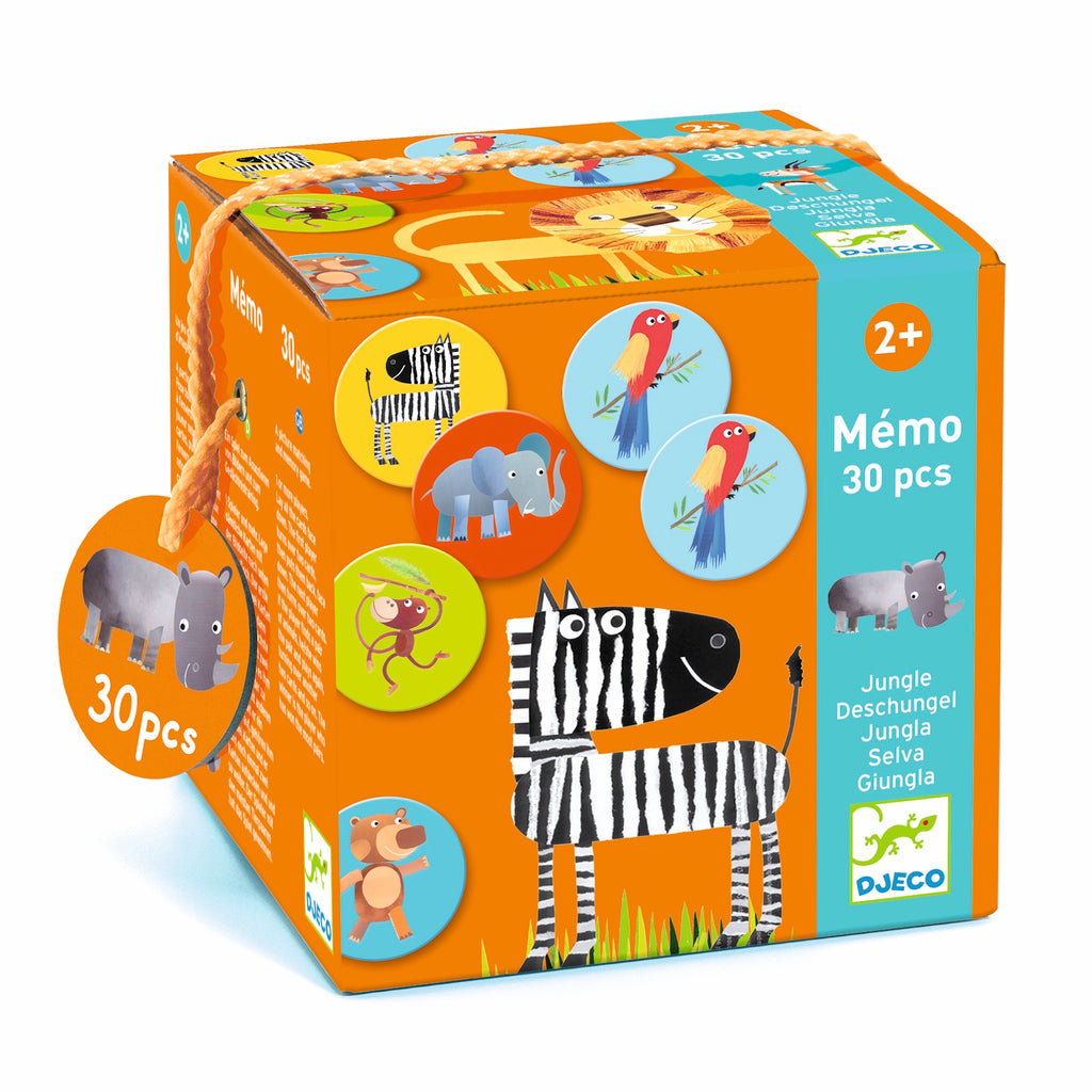 Orange and teal box for a jungle-themed memory game. Features colorful cartoon animals like a zebra, parrot, and elephant. Labeled "2+ Mémo 30 pcs."