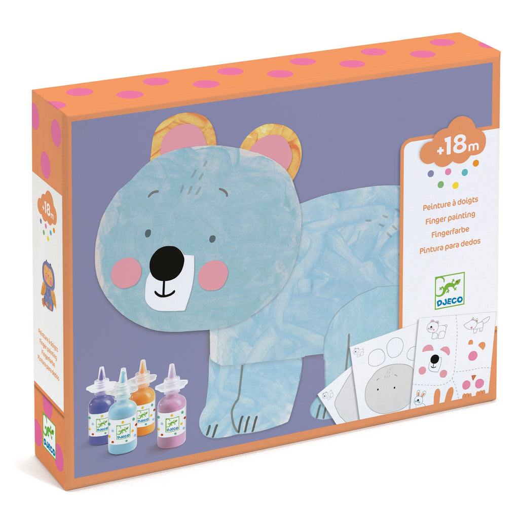 Children's finger painting kit box with a cute blue bear illustration. Includes four paint bottles in pastel colors. Suitable for ages 18 months and up.