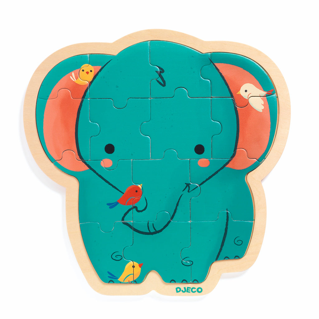 Cute elephant-shaped puzzle with turquoise body and pink ears. Colorful birds perch on the elephant, creating a cheerful, playful tone.