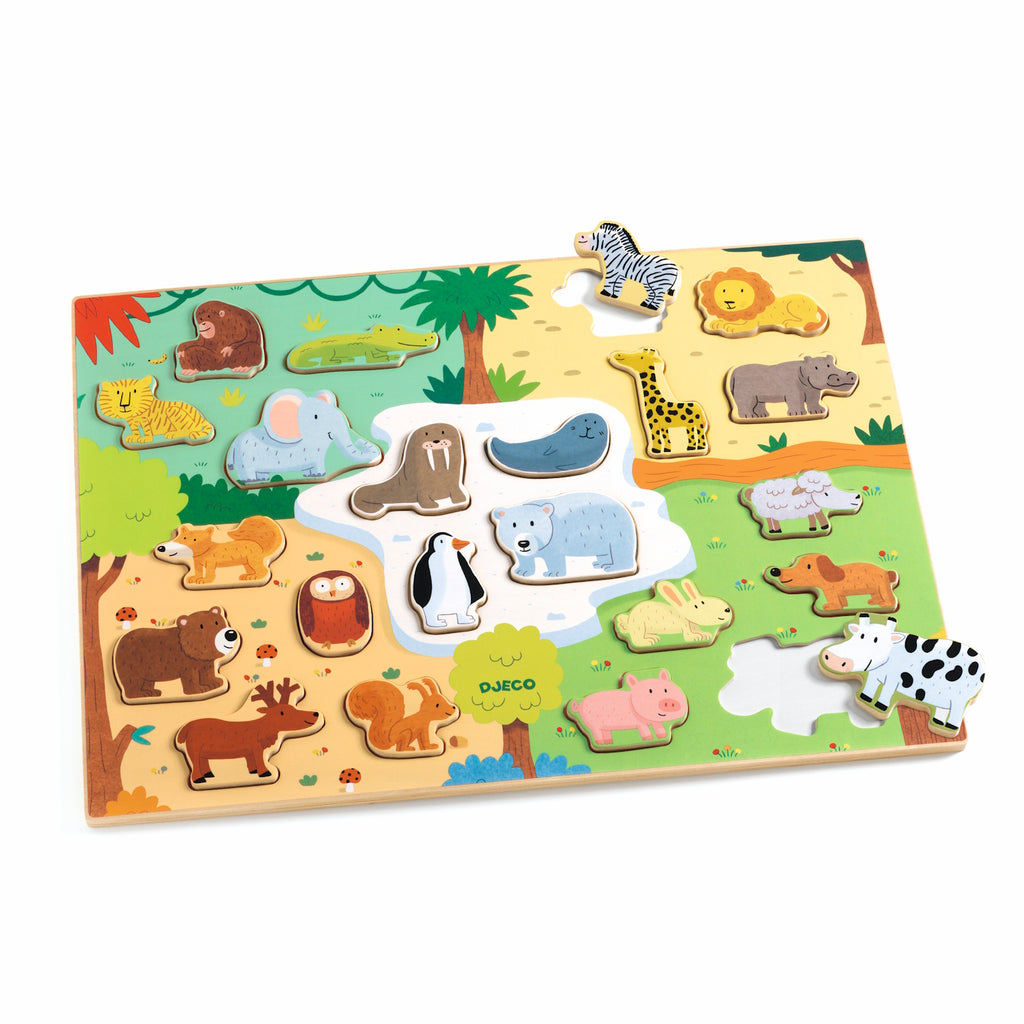Children's wooden puzzle featuring colorful animal pieces, including a zebra, lion, elephant, and polar bear, set in a playful forest scene.