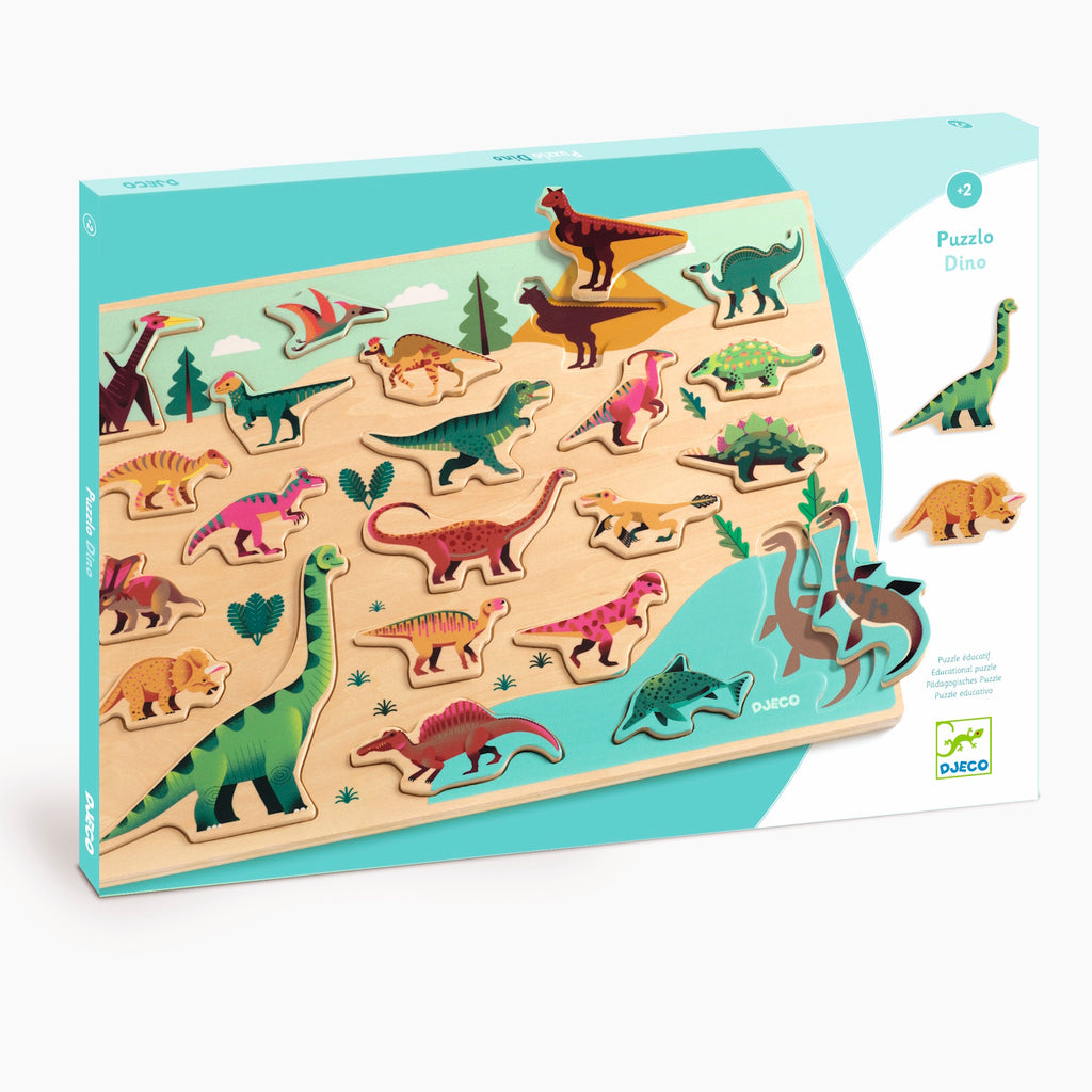 Children's wooden dinosaur puzzle box featuring colorful dinosaur cutouts on a pastel background. The mood is playful and educational.