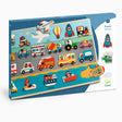 Toy puzzle in a box featuring various whimsical vehicles, including rockets, cars, boats, and planes, set on colorful roads and waterways. Suitable for ages 2+.
