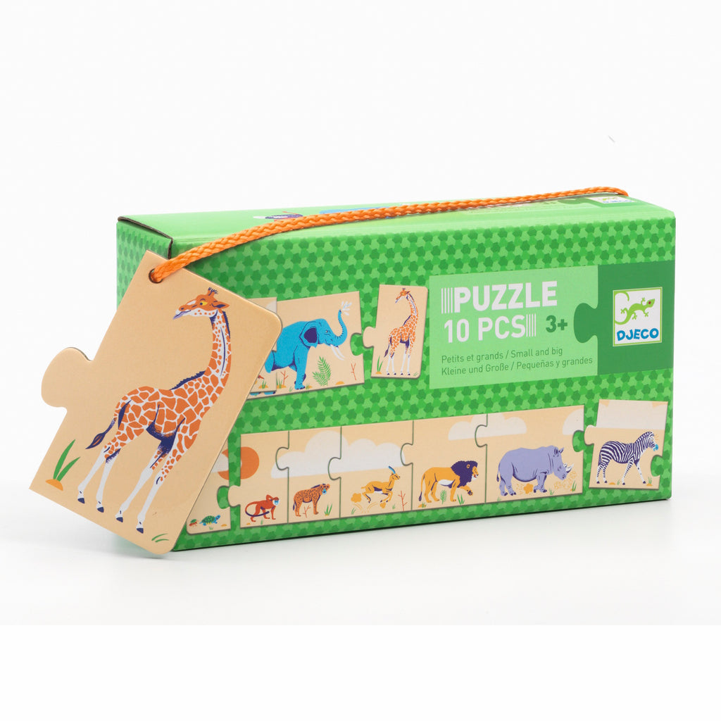 Green box of a 10-piece animal puzzle for ages 3+, featuring an illustrated giraffe puzzle piece on a string. Cheerful, educational toy packaging.