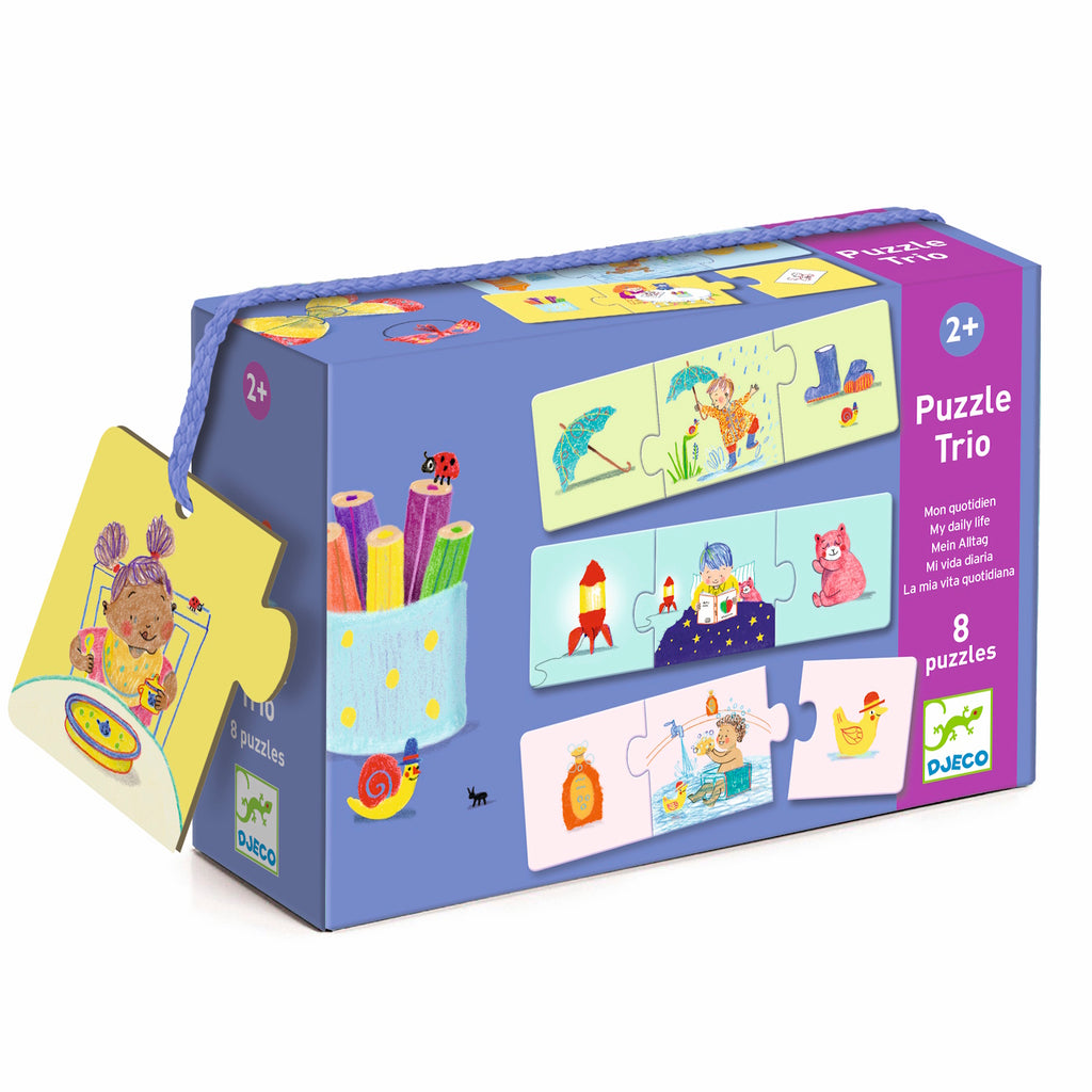 Colorful box for "Puzzle Trio" by Djeco, designed for ages 2+. Features vibrant illustrations of daily activities in puzzle pieces, with a playful, cheerful tone.