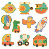 Colorful puzzle pieces depicting various vehicles with animals inside. Includes a submarine, helicopter, ship, hot air balloon, and more. Playful and cheerful theme.