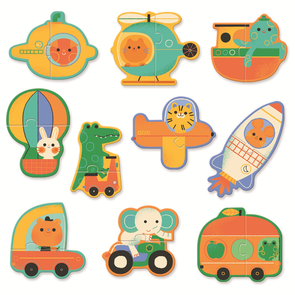 Colorful puzzle pieces depicting various vehicles with animals inside. Includes a submarine, helicopter, ship, hot air balloon, and more. Playful and cheerful theme.