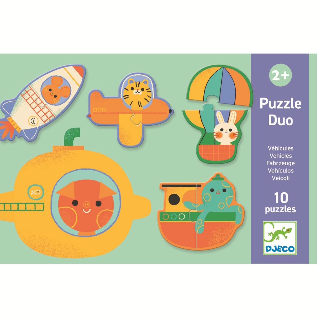 Colorful "Puzzle Duo" box for ages 2+, featuring illustrated vehicles with animals. Box is turquoise with playful, vibrant designs.