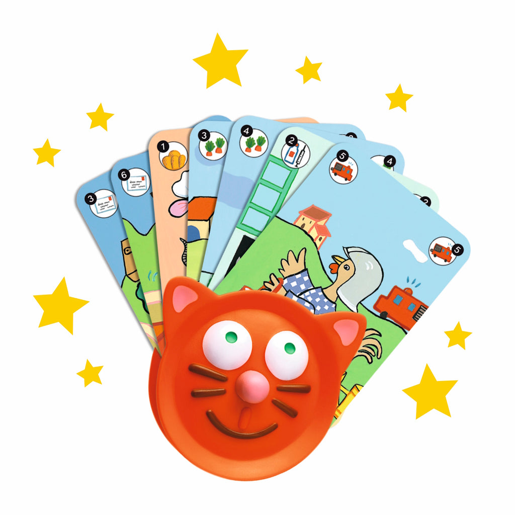 Colorful game cards with playful drawings of animals and objects fan out behind a smiling orange cat face. Yellow stars accent the image, creating a fun, cheerful atmosphere.