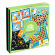 Box of 12 classic board games by Djeco, featuring colorful game boards with animals, play pieces, and dice; bright and playful design.