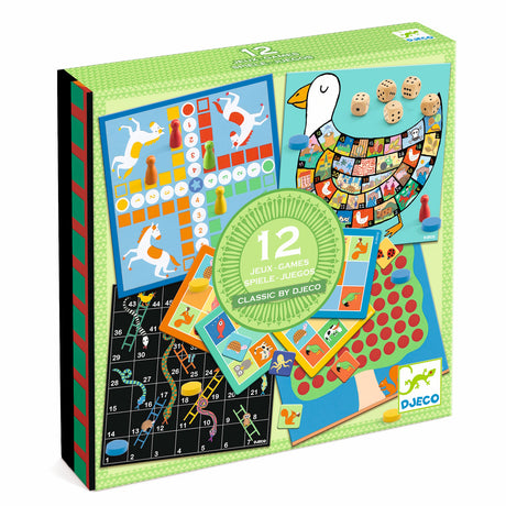 Box of 12 classic board games by Djeco, featuring colorful game boards with animals, play pieces, and dice; bright and playful design.