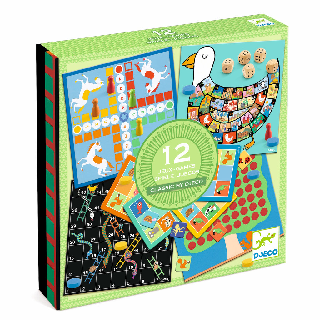 Box of 12 classic board games by Djeco, featuring colorful game boards with animals, play pieces, and dice; bright and playful design.