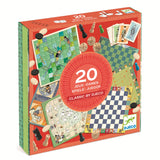 Box of 20 classic board games by Djeco, featuring chess, checkers, and other games. Colorful illustrations and game pieces evoke fun and nostalgia.