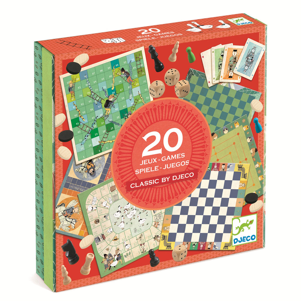 Box of 20 classic board games by Djeco, featuring chess, checkers, and other games. Colorful illustrations and game pieces evoke fun and nostalgia.