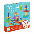 Box for "Totem Zen" toy game by Djeco, featuring colorful wooden shapes and stacking pieces. Includes a development age range of 6-99 years.