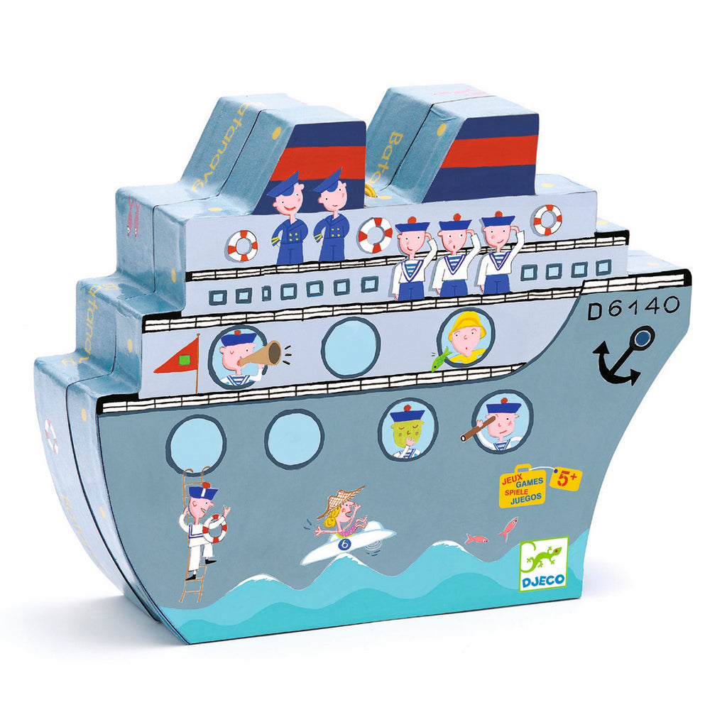 Illustrated box shaped like a ship with cartoon sailors waving, and passengers visible through portholes. Fun, playful design for ages 5+.