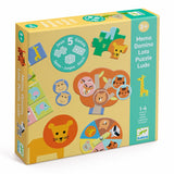 Yellow children's game box with animal illustrations, including a lion and giraffe. Features bold text for "5 Games" and includes pieces for various activities.