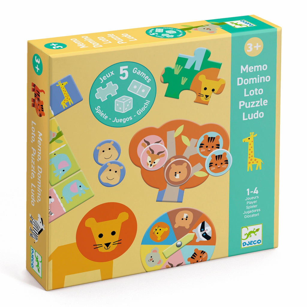 Yellow children's game box with animal illustrations, including a lion and giraffe. Features bold text for "5 Games" and includes pieces for various activities.