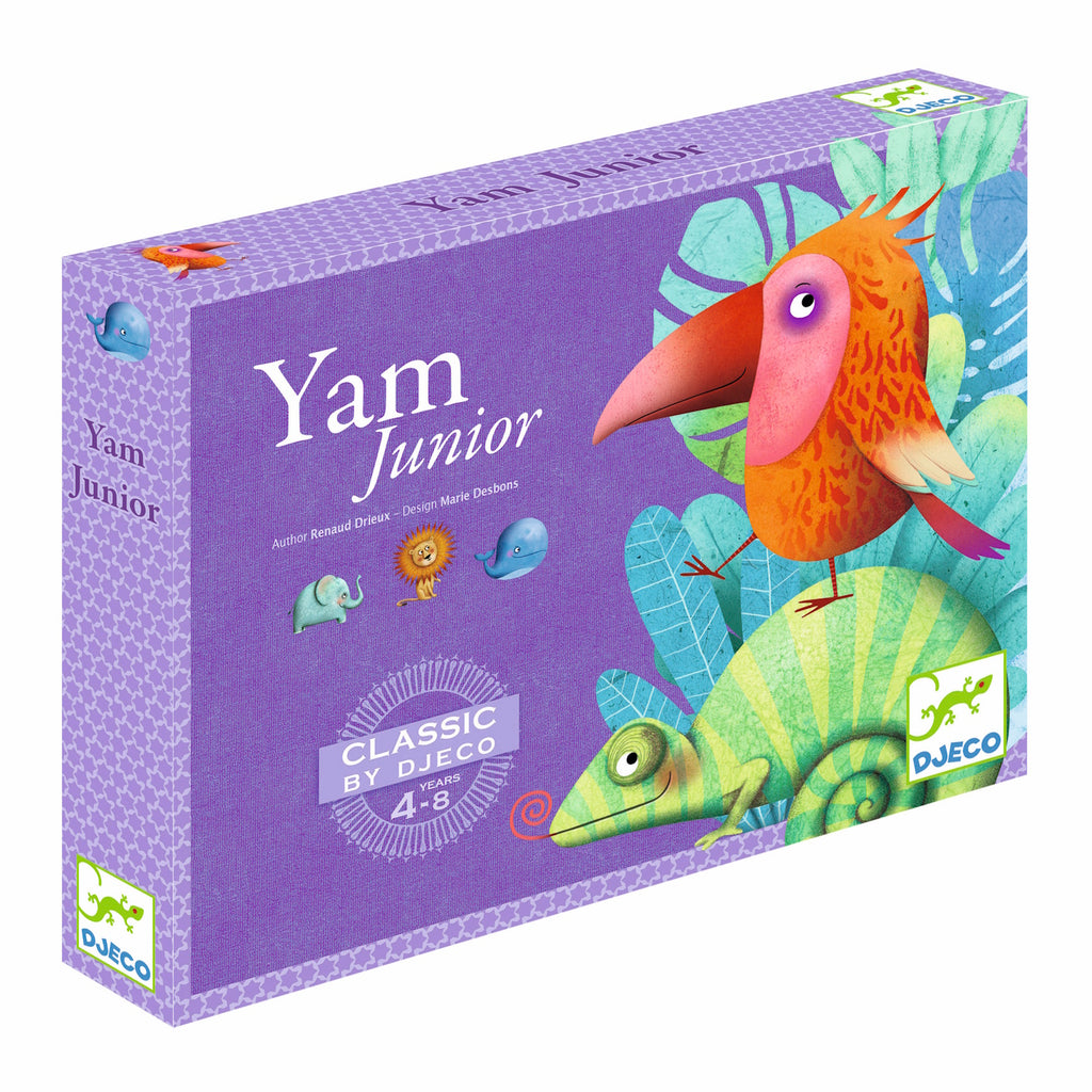 Box of "Yam Junior" game by Djeco, features vibrant illustrations of a colorful bird, a chameleon, and jungle leaves on a purple background. Suitable for ages 4-8.