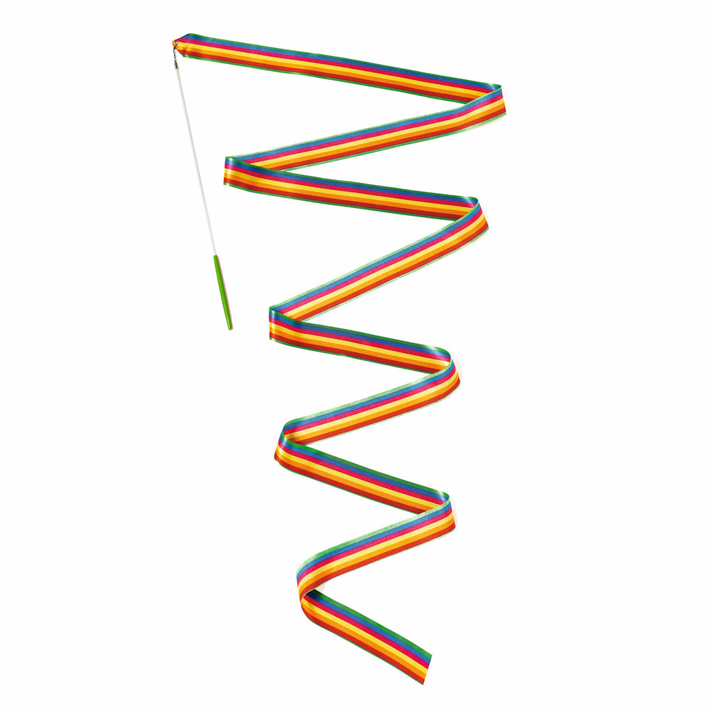 Colorful gymnastic ribbon on white background, zigzagging downward. The ribbon is rainbow-striped and attached to a stick, conveying movement and playfulness.