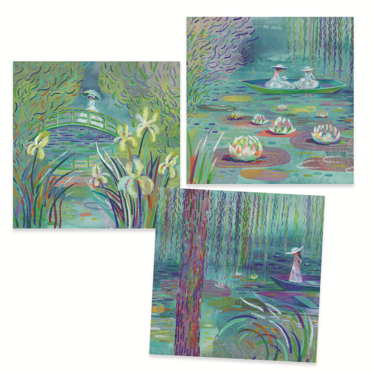 Pastel illustrations of serene water scenes with lily pads, flowers, and figures in boats under weeping willows.