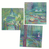Pastel illustrations of serene water scenes with lily pads, flowers, and figures in boats under weeping willows.