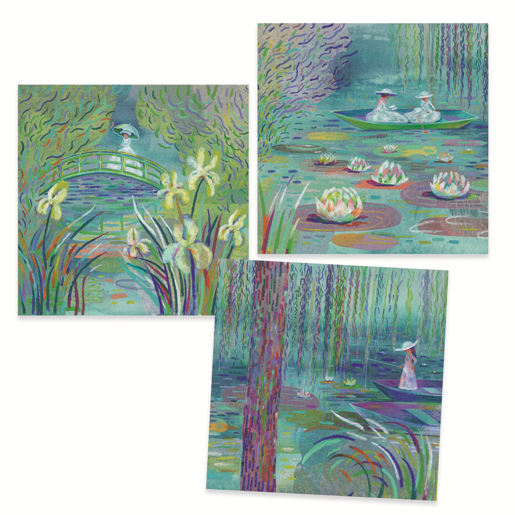 Pastel illustrations of serene water scenes with lily pads, flowers, and figures in boats under weeping willows.
