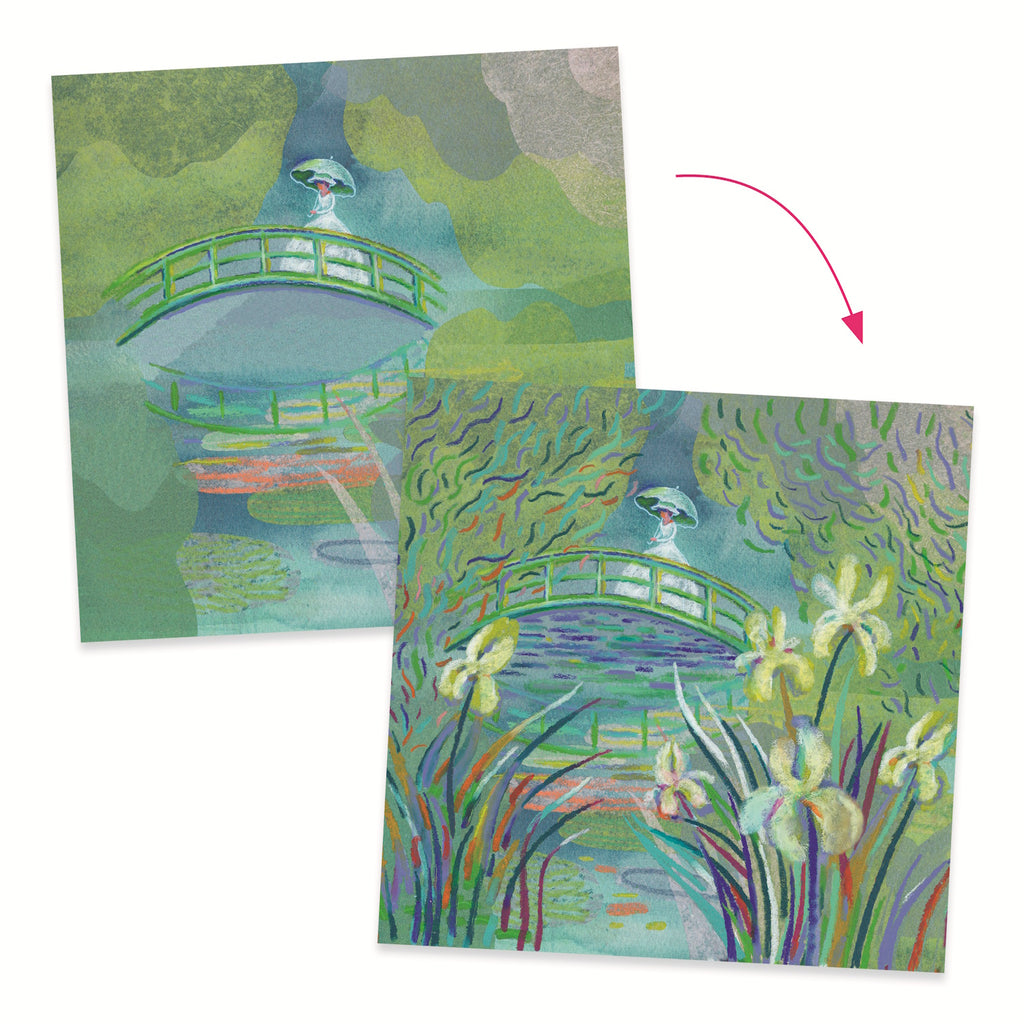 Pastel illustrations of serene water scenes with lily pads, flowers, and figures in boats under weeping willows.