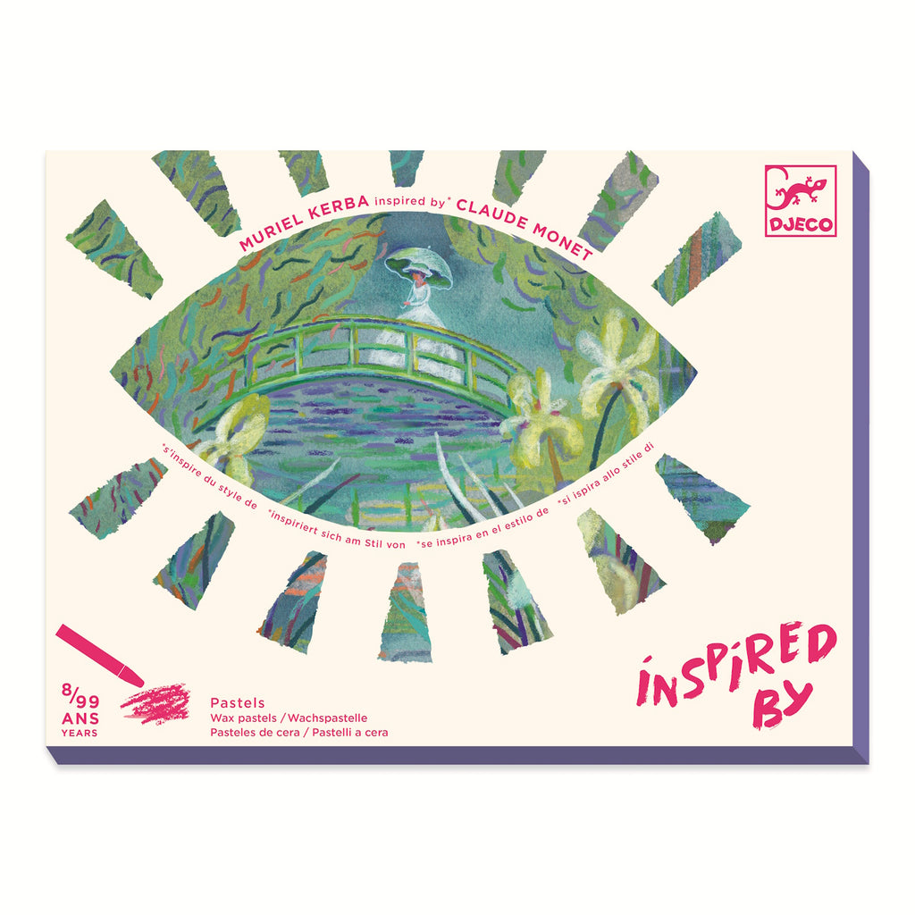 Pastel illustrations of serene water scenes with lily pads, flowers, and figures in boats under weeping willows.