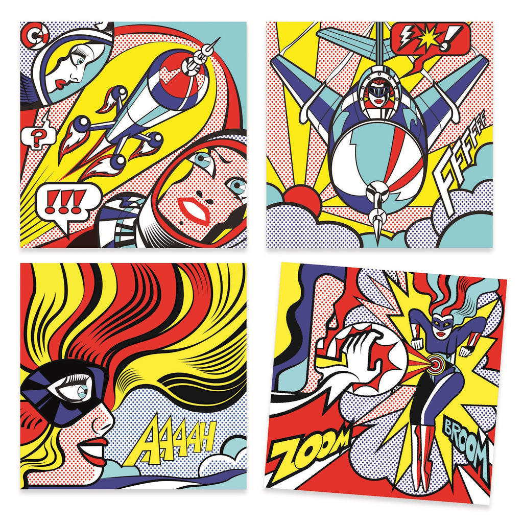A vibrant illustration inspired by Roy Lichtenstein, featuring a comic-style woman exclaiming "AAAHH" with colorful art supplies around.