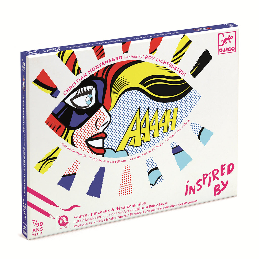 A vibrant illustration inspired by Roy Lichtenstein, featuring a comic-style woman exclaiming "AAAHH" with colorful art supplies around.