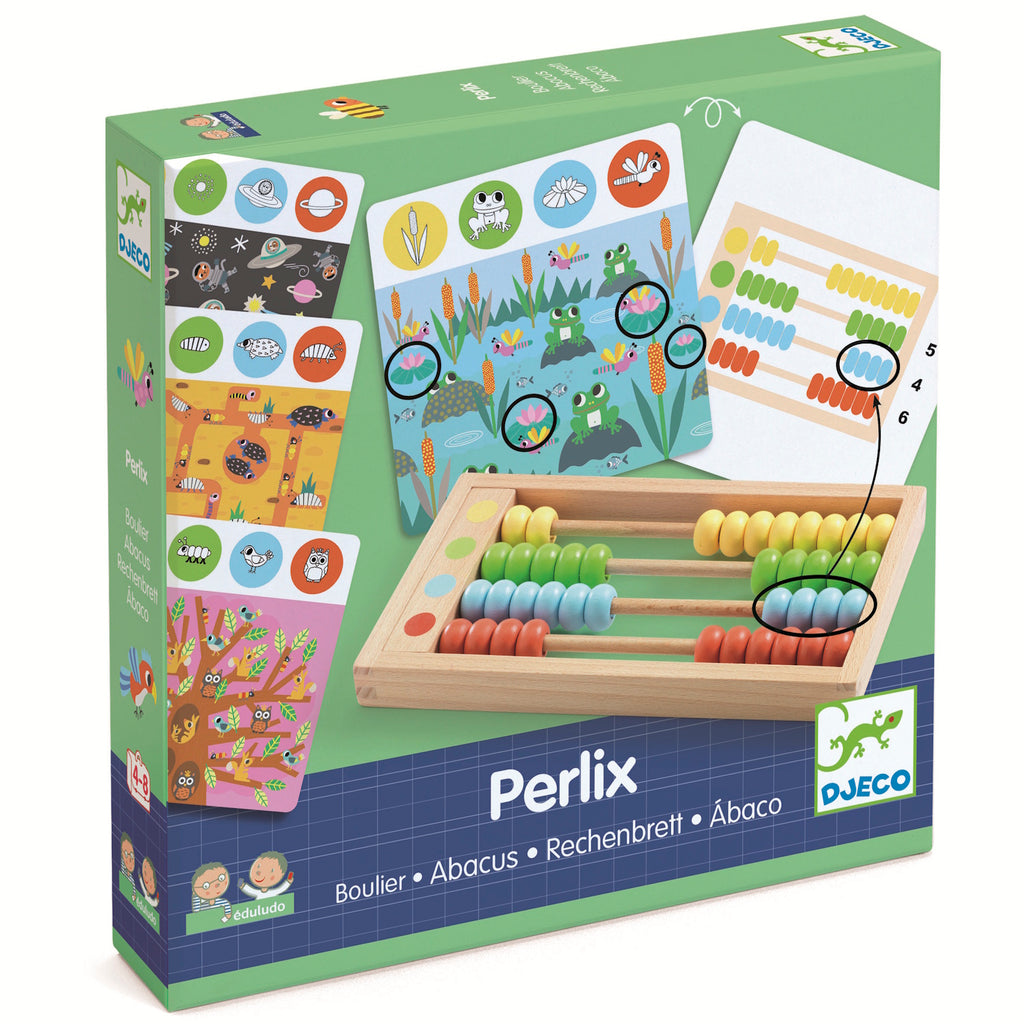 Green box displaying a colorful abacus and playful animal-themed cards. Includes images of frogs, birds, and insects, conveying a fun, educational vibe.