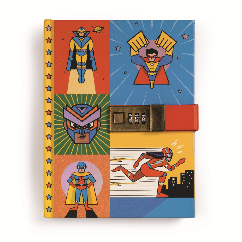Colorful superhero-themed notebook with illustrations of comic-style superheroes in action poses, stars border, and a combination lock.
