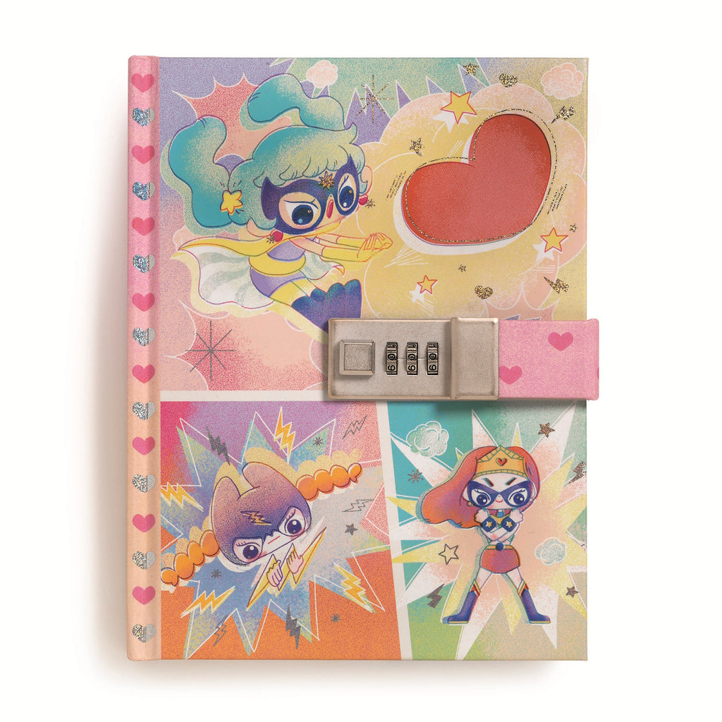 Colorful journal cover with cartoon superheroes and vibrant backgrounds. Features a heart, stars, and a combo lock with a playful, adventurous feel.