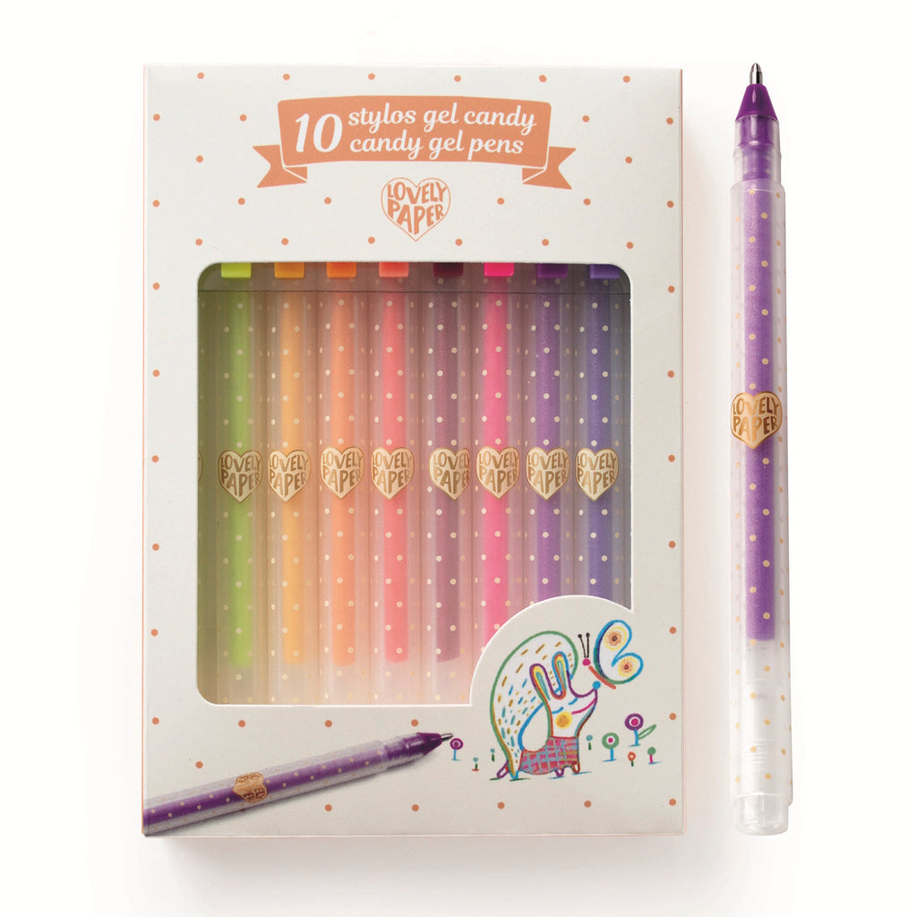 Box of 10 colorful gel pens with polka-dot design, labeled "Lovely Paper." One purple pen is placed beside the box. Cute dog illustration on packaging.