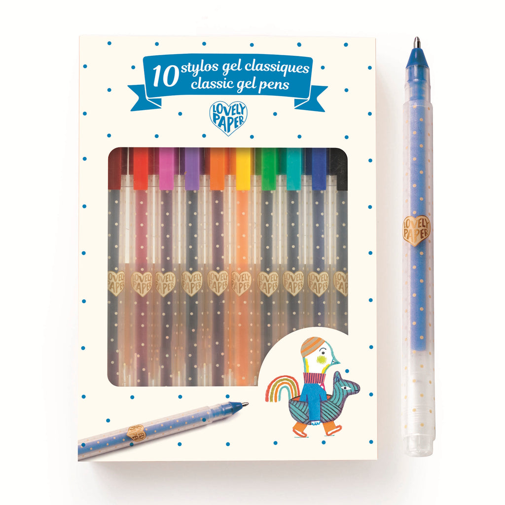 Box of 10 colorful gel pens in a windowed package. Blue "Lovely Paper" branding, playful bird design. One pen placed to the right.