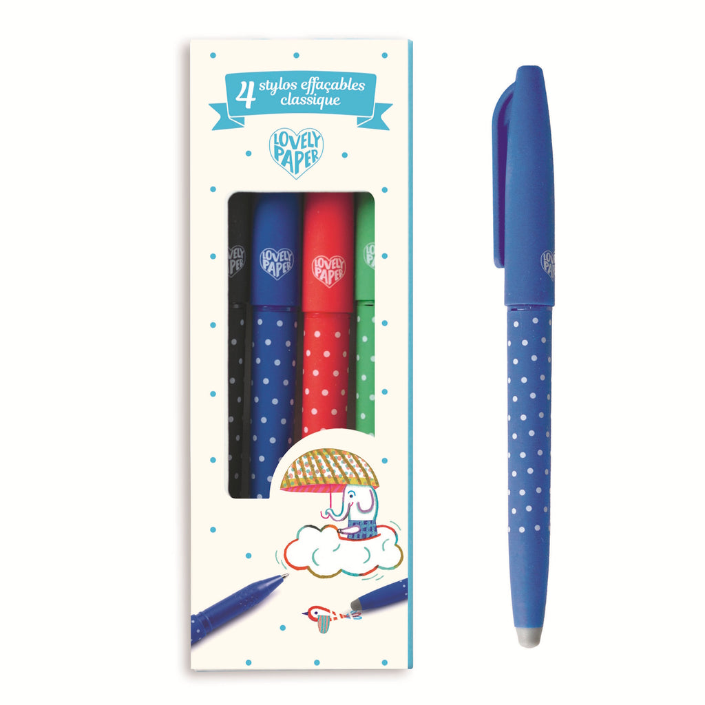 Box of four colorful, polka-dotted pens by "Lovely Paper" with blue, black, red, and green caps. Whimsical drawings decorate the box front.