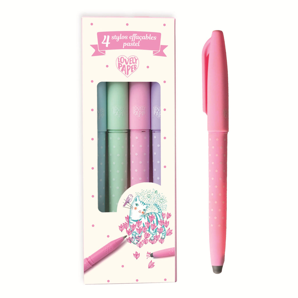 Box of four pastel erasable pens in mint, pink, and lavender, with polka dot design. Illustrated cat with flowers adds a playful touch.