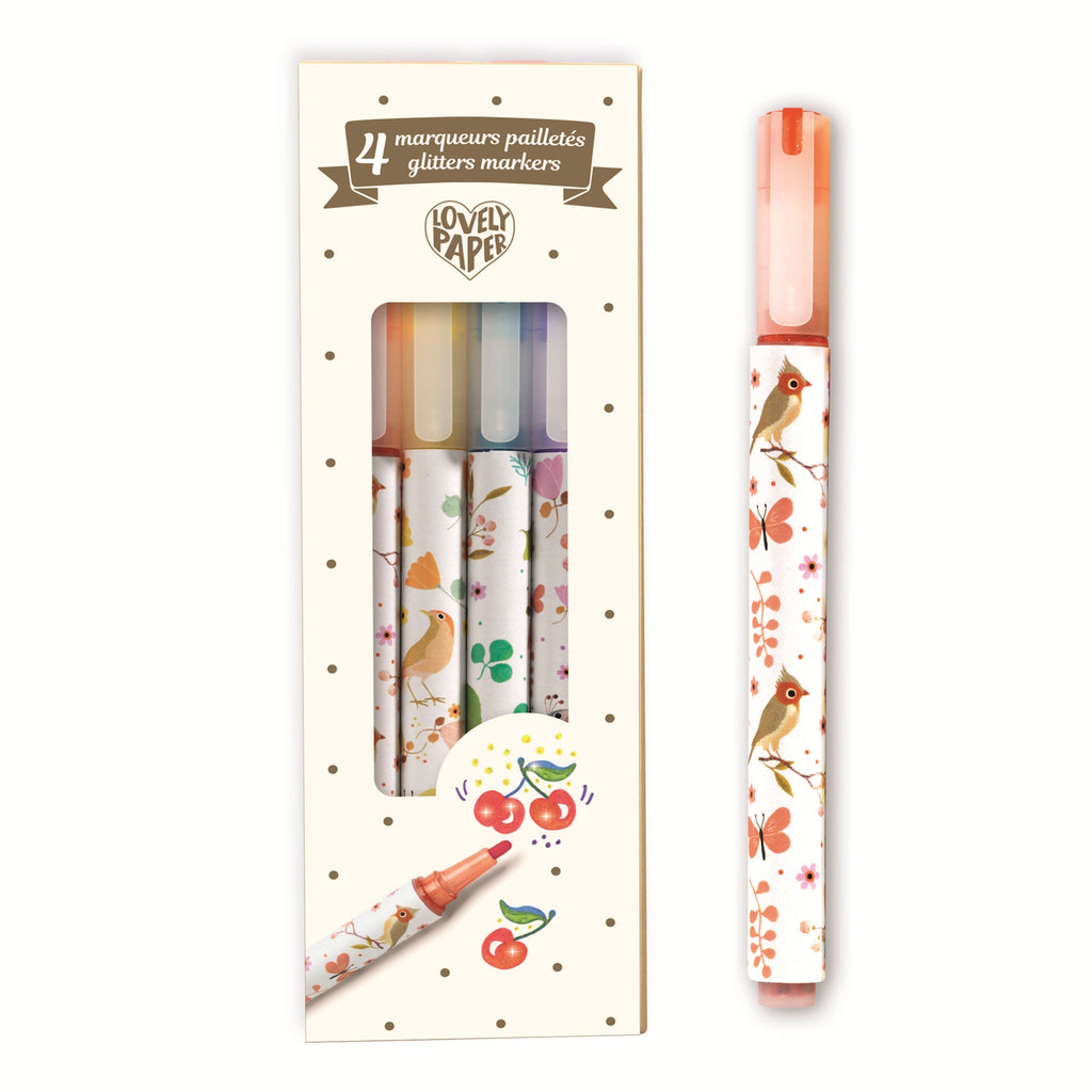 Pack of four glitter markers, featuring bird and floral designs in a beige box. One marker is shown separately with a red cap. The tone is playful and creative.