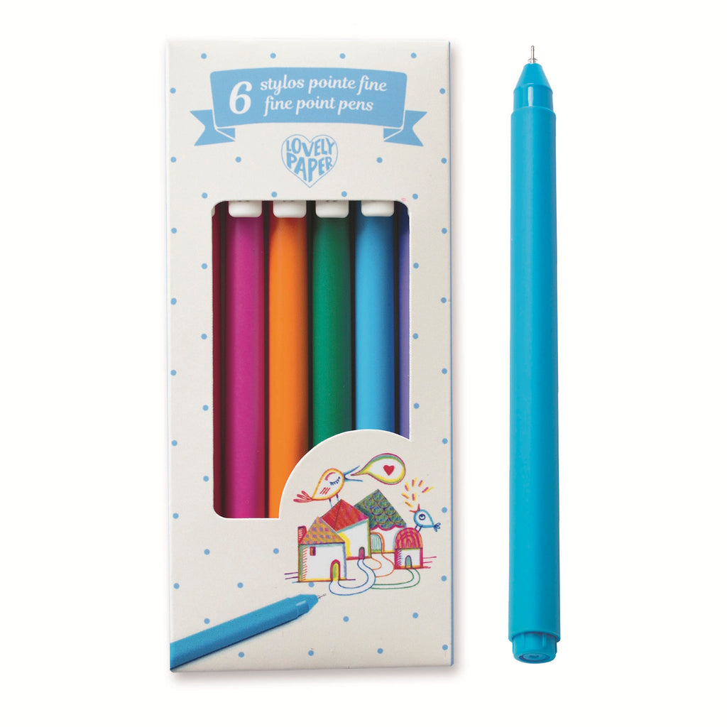 A box of six fine point pens in assorted colors with a blue pen shown outside. The packaging features cute house and bird sketches, conveying a playful tone.